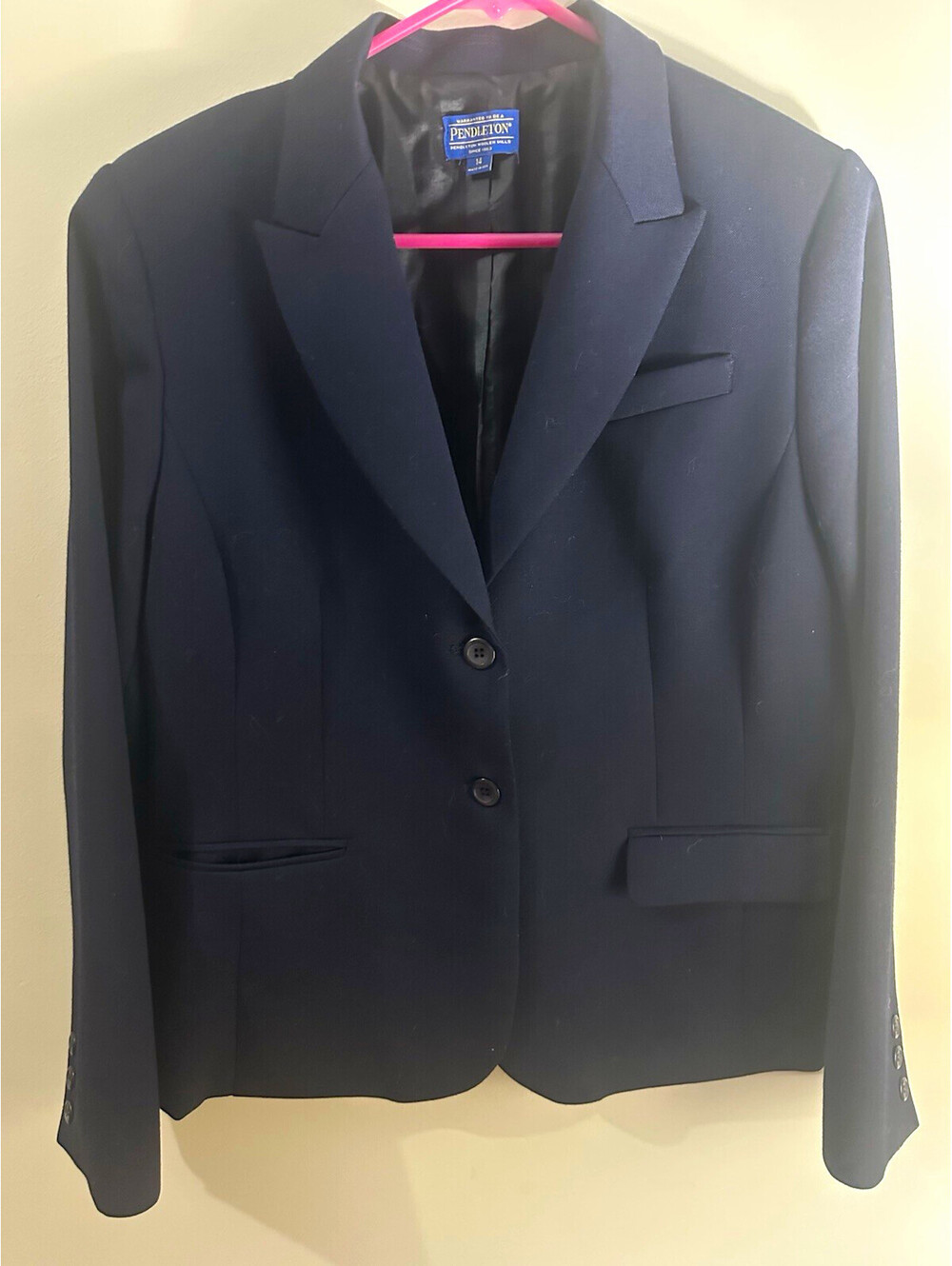 Vintage Pendleton Wool Blazer Women 14 Navy Blue Suit Jacket Made In USA Classic